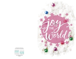 Kerstkaart   Joy to the world in roze bol met roze sterretjes Achterkant/Voorkant